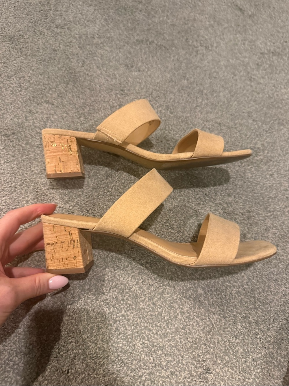 Express Beige Two-Strap Cork Block Heel Mules